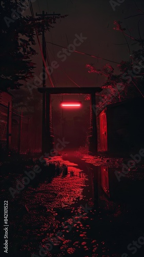 Dark Night time, Red highlights Horror, Liminal space, illustration made with Generative Ai