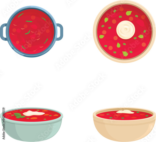 Collection of four illustrated soup bowls with various designs and toppings
