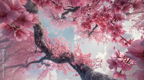 Pink Petal Paradise Tranquil Cherry Blossom Canopy Embracing Sky Symbolizing Shelter and Comfort photo