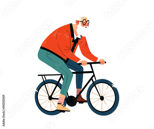An elderly man is riding bicycle. Active sport for health and leisure activities. Senior man cycling outdoor. Healthy lifestyle. Vector illustration isolated on white background