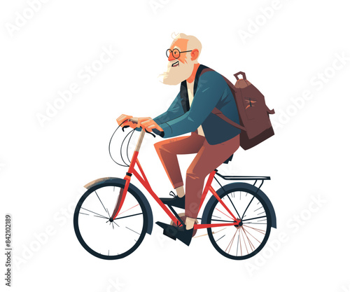 An elderly man is riding bicycle. Active sport for health and leisure activities. Senior man cycling outdoor. Healthy lifestyle. Vector illustration isolated on white background