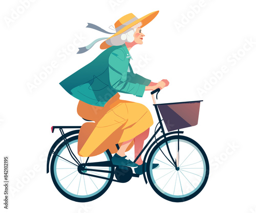 An elderly woman is riding bicycle. Active sport for health and leisure activities. Senior woman cycling outdoor. Healthy lifestyle. Vector illustration isolated