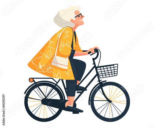 An elderly woman is riding bicycle. Active sport for health and leisure activities. Senior woman cycling outdoor. Healthy lifestyle. Vector illustration isolated on white background