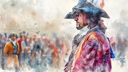 Portrait of a musketeer, wearing a feathered hat and red coat, watercolor photo