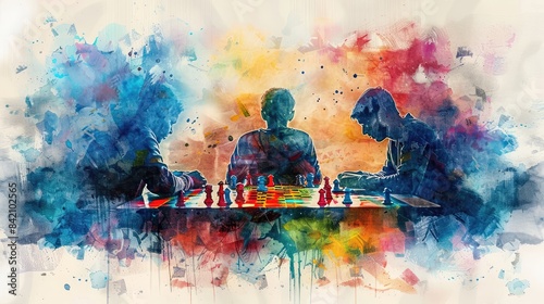 Three people playing chess in a colorful watercolor painting.