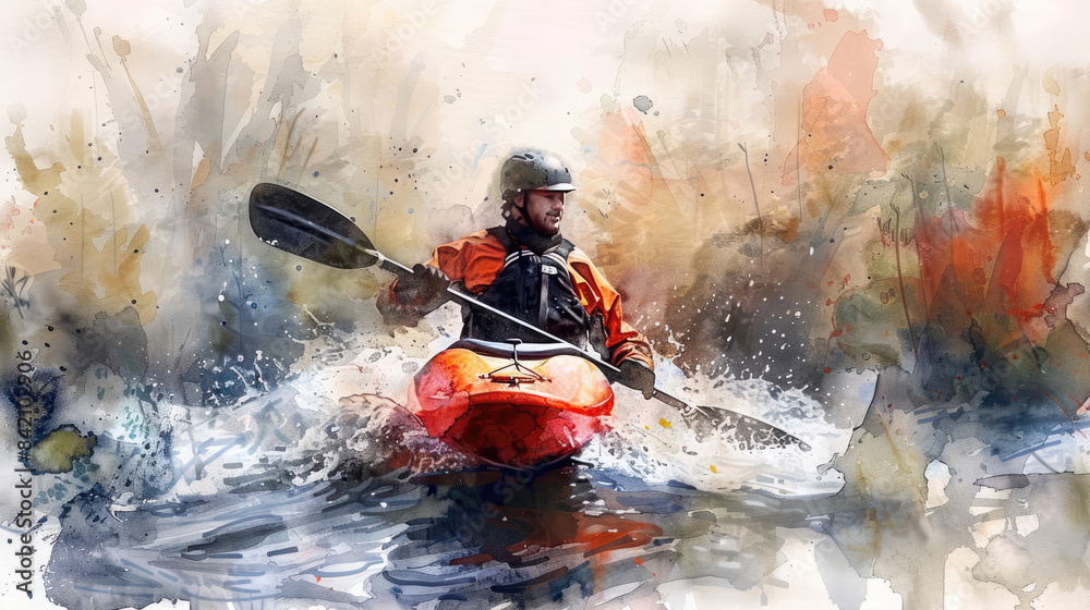 Fototapeta premium watercolor painting of a man kayaking in a river