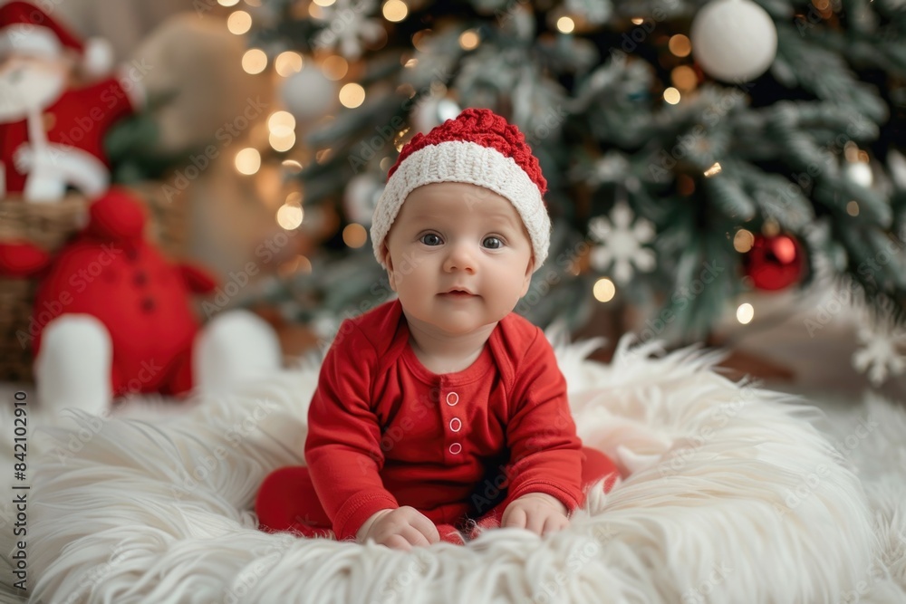 Christmas Baby. Adorable Newborn Boy in Festive Outfit Sitting by Christmas Tree Christmas Baby. Adorable Newborn Boy in Festive Outfit Sitting by Christmas Tree