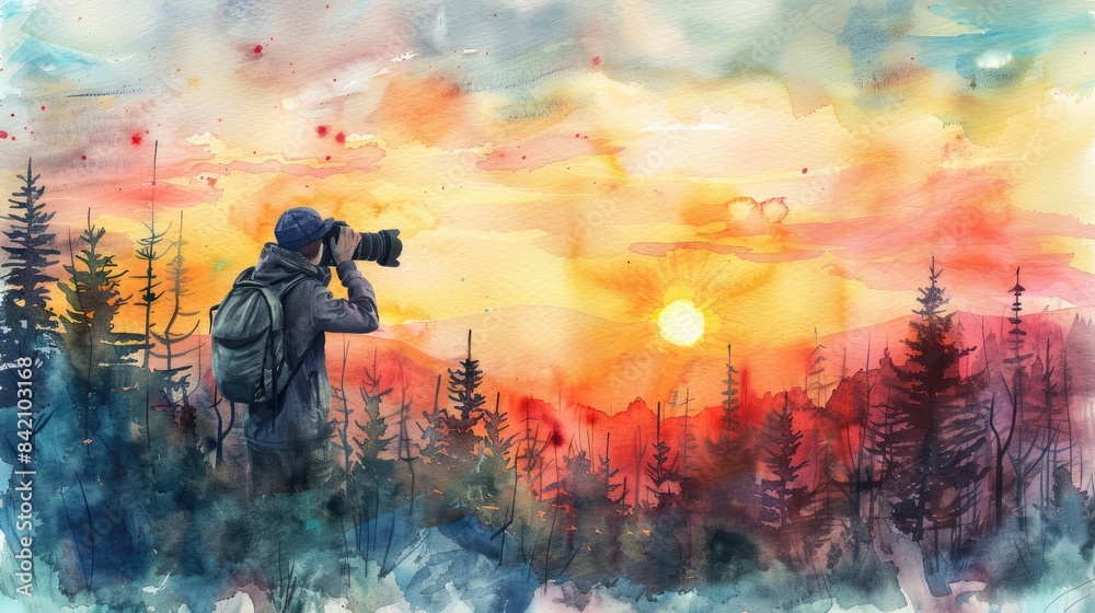 Fototapeta premium watercolor painting of a photographer taking a picture of a sunset in the mountains