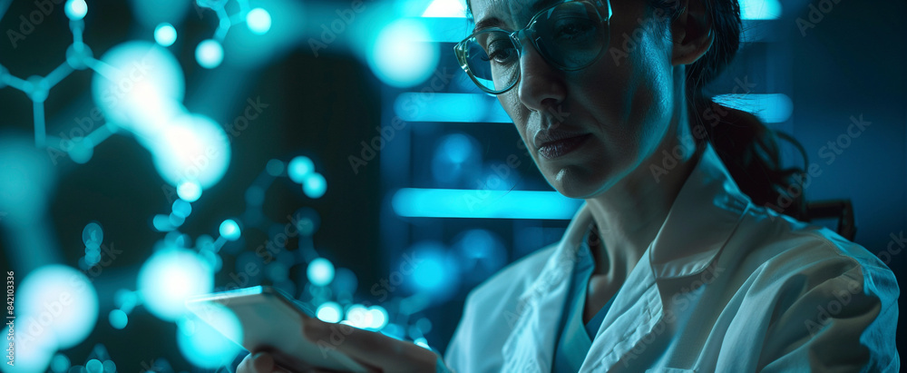 A doctor is holding a tablet and check with analysis on virtual interface, science research concept