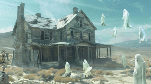 Haunted, Abandoned House with Ghostly Apparitions in a Deserted Landscape photo