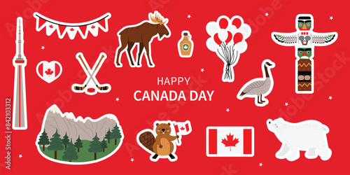 Vector set of stickers for Canada Day: totem pole, maple syrup, beaver, moose and Kagadian flag, northern bear, mountains. Red isolated background. Flat style.