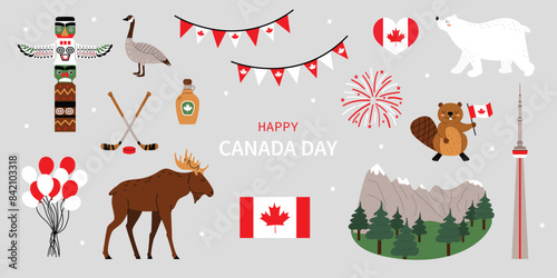 Vector set of Canadian symbols for Canada Day: totem pole, maple syrup, beaver, moose and Kagadian flag, northern bear, mountains. Gray isolated background. Flat style.
