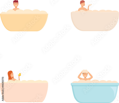 Set of friendly cartoon characters relaxing in bathtubs filled with bubbles