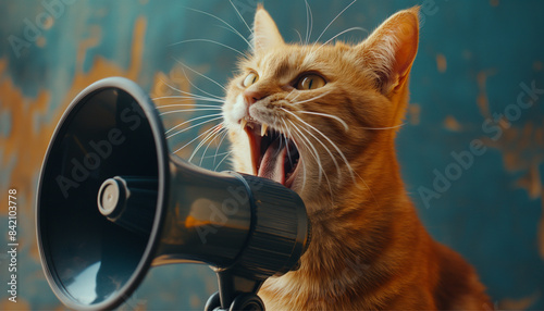 Cat with megaphone on a blue vintage background. Perfect for announcements or communication concepts