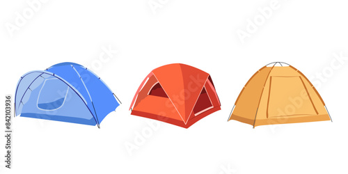 Camping tent isolated vector icons of tourist equipment, outdoor adventure and travel design. Campsite tented shelters and dome tents with awning, canopy, marquee and window, made of colorful nylon. 