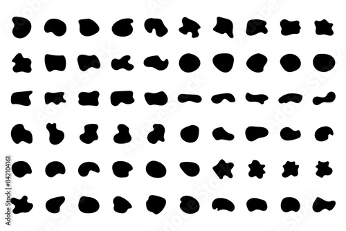 Random shapes vector set. Organic black blobs of irregular shape. Abstract blotch, inkblot and pebble silhouettes, simple liquid elements, water forms creative minimal bubbles. Vector set