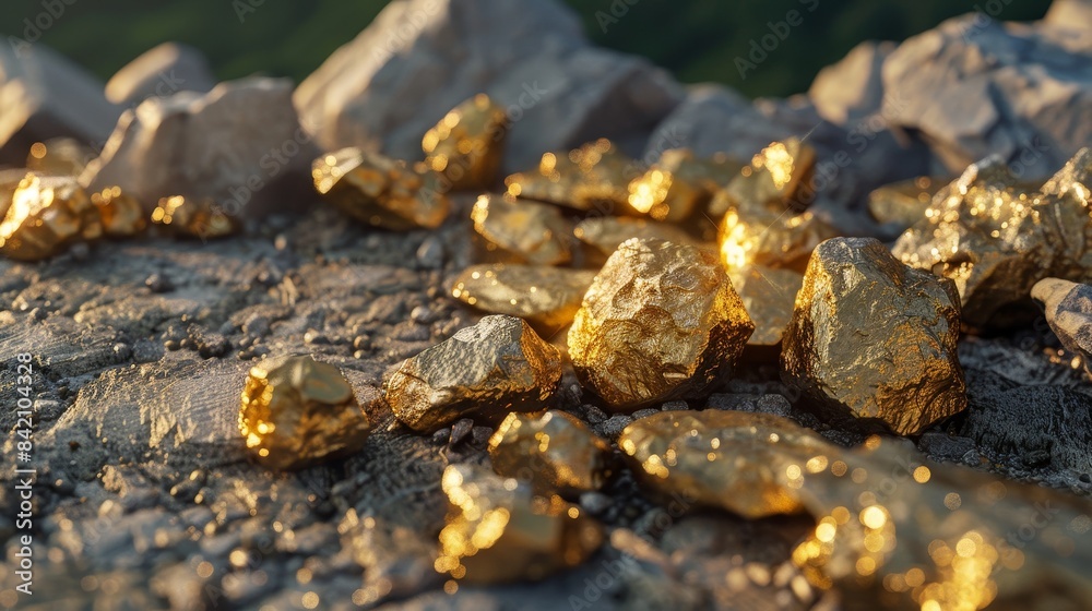 Golden Treasures Shimmering Gold Nuggets on Textured Stone Surface Mining Riches and Luxury Discovery Concept Golden Treasures Shimmering Gold Nuggets on Textured Stone Surface Mining Riches and Luxury Discovery Concept