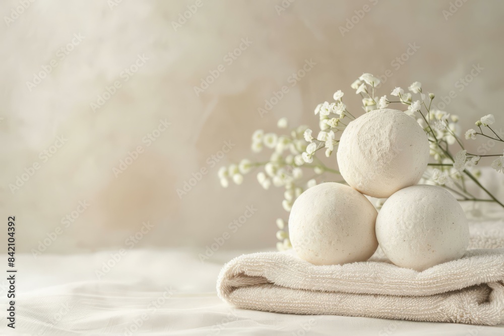 Fototapeta premium Spa Bath Bombs with Flowers on Towels, Relaxation and Wellness Concept