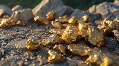 Golden Treasures Shimmering Gold Nuggets on Textured Stone Surface Mining Riches and Luxury Discovery Concept