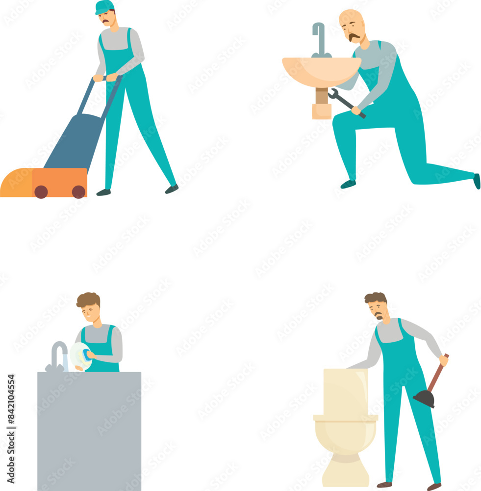 Collection of illustrations showcasing cleaners with tools and equipment for different cleaning activities Collection of illustrations showcasing cleaners with tools and equipment for different cleaning activities