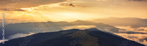panoramic summer foggy scenery  scenic sunrise morning view in Carpathian mountains  Ukraine  Europe