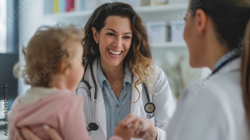 In a modern clinic, a pediatrician establishes a positive bond with a child and parent through caring and supportive interaction, showcasing their role as a trusted healthcare provider