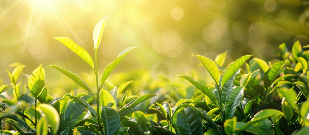 Obraz premium Beautiful green tea leaves with sunlight.