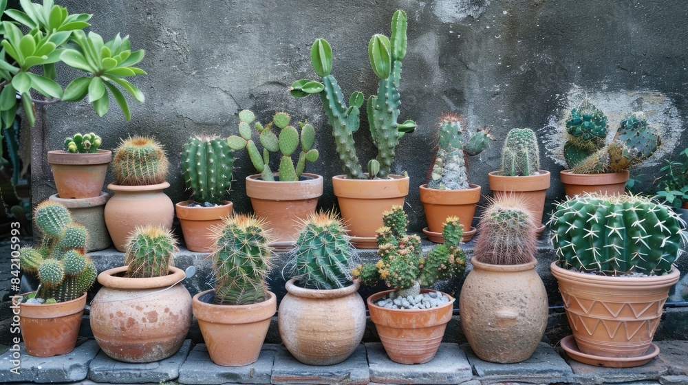 Collection of cacti in pots for an outdoor garden display Collection of cacti in pots for an outdoor garden display