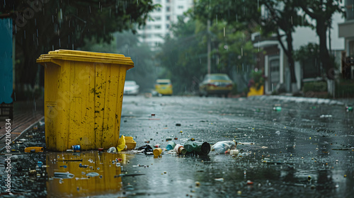 A yellow garbage bin on the street. with trash scattered around it and raindrops falling on them. In front of it is an empty city road 