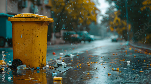 A yellow garbage bin on the street. with trash scattered around it and raindrops falling on them. In front of it is an empty city road 