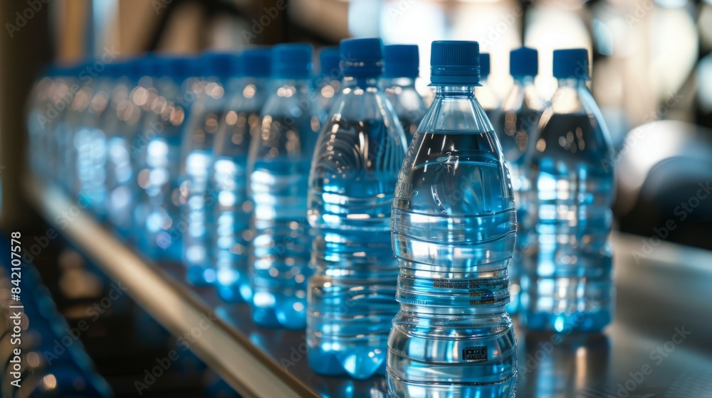 A close-up photo showing a line of clear plastic water bottles on a conveyor belt in a bottling plant. The bottles are filled with water and are ready for labeling. A close-up photo showing a line of clear plastic water bottles on a conveyor belt in a bottling plant. The bottles are filled with water and are ready for labeling.