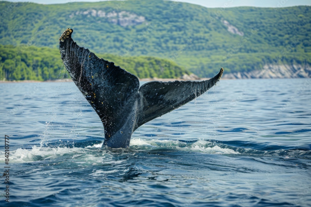 Fototapeta premium Whale Tail Breaks The Surface Of The Ocean On A Sunny Day
