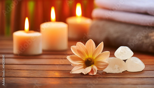 Beautiful spa composition on wooden surface in wellness center. Hyaline crystal  flower and candles.