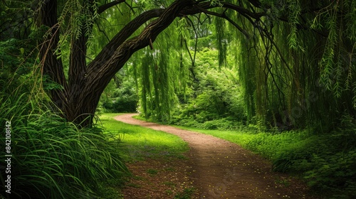 A trail emerging from beneath a weeping willow tree adorned with drooping green foliage photo