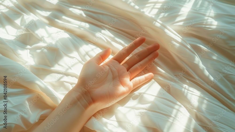 Hand resting on white silk sheets in soft morning light Hand resting on white silk sheets in soft morning light