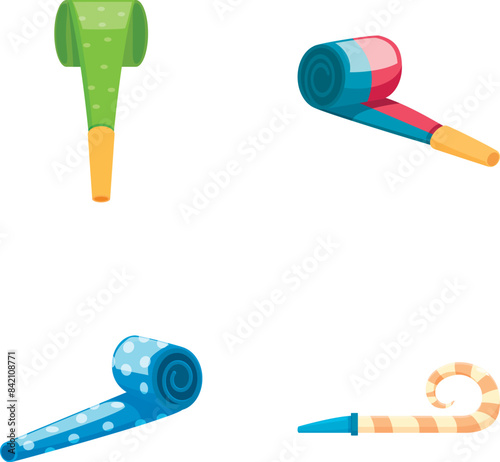 Set of four vibrant cartoonstyle party blowers on a white background