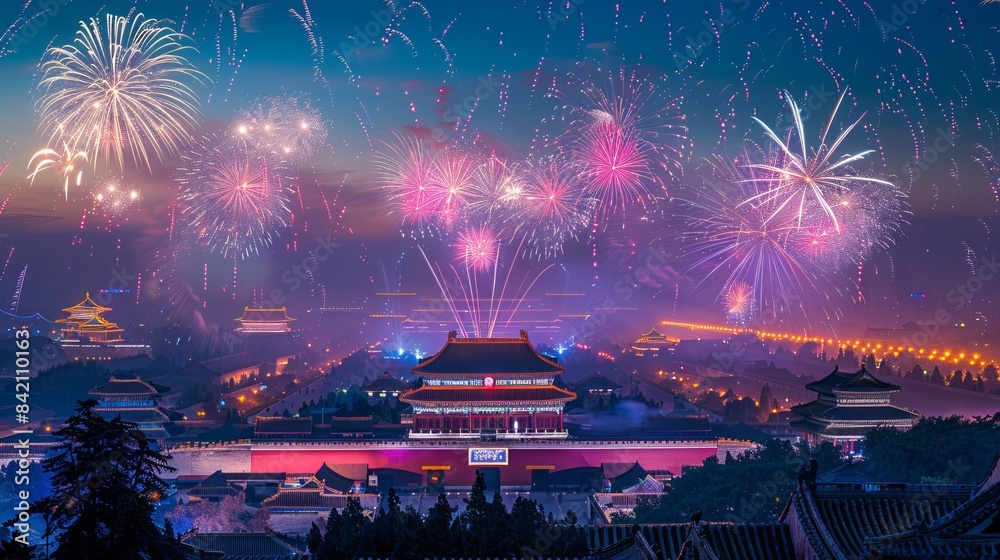 Fototapeta premium Enchanting night cityscape with brilliant fireworks illuminating a traditional architectural city. The image captures a festive celebration with vibrant colors and cultural aesthetics. AI