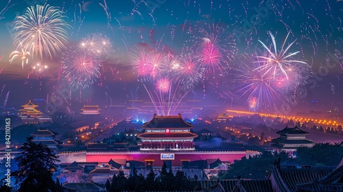 Enchanting night cityscape with brilliant fireworks illuminating a traditional architectural city. The image captures a festive celebration with vibrant colors and cultural aesthetics. AI