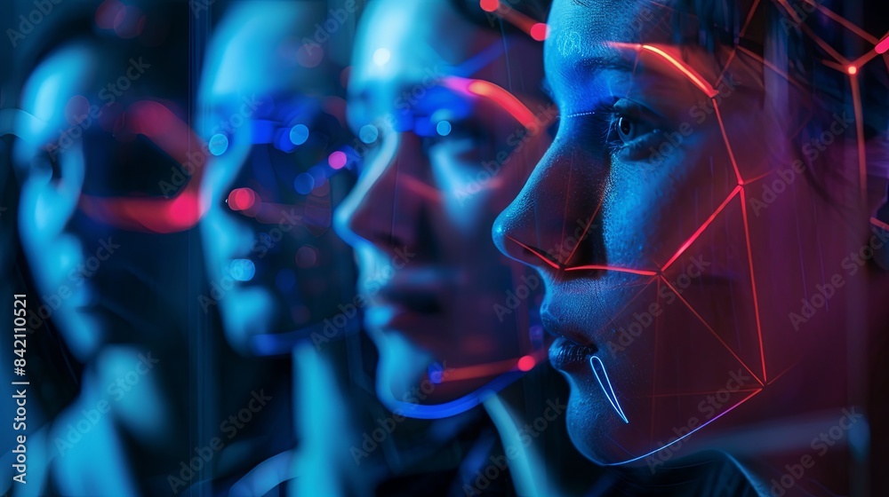 Close-up of four individuals faces scanned by a facial recognition system, illuminated by blue and red light. Generative AI Close-up of four individuals faces scanned by a facial recognition system, illuminated by blue and red light. Generative AI