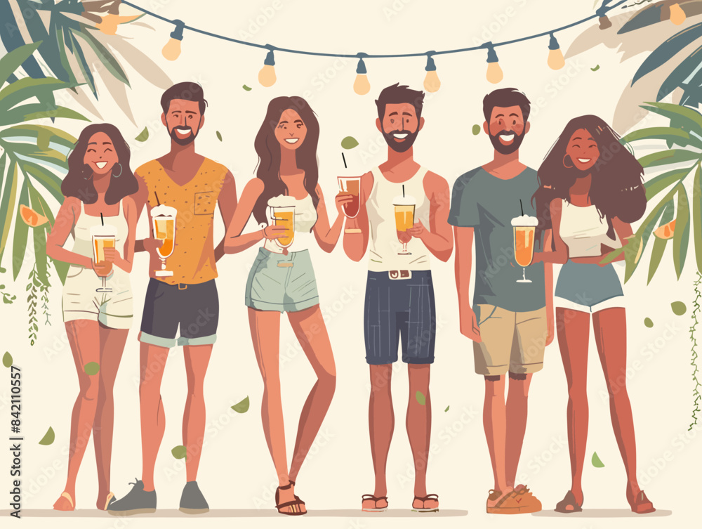 Fototapeta premium summer party. A group of people are standing together, smiling and holding drinks. Scene is happy and social