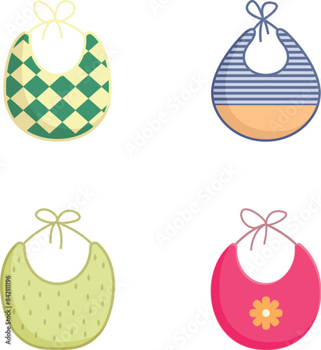 Collection of four cute baby bibs in various patterns and colors, ideal for mealtime
