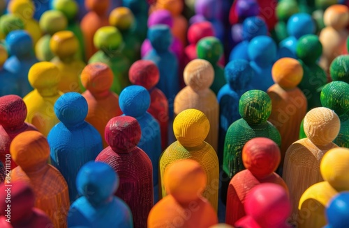 A colorful background of small wooden people in different colors, representing the concept of diversity and crowd in an office or corporate setting Generative AI