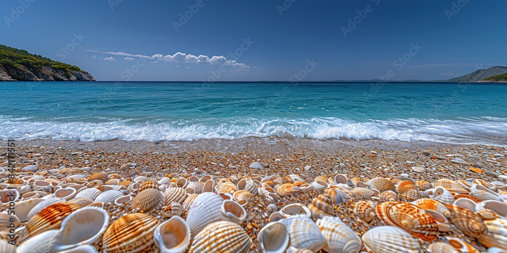 Sea water, sand and sea shells as background. Summer beach. Summer background
