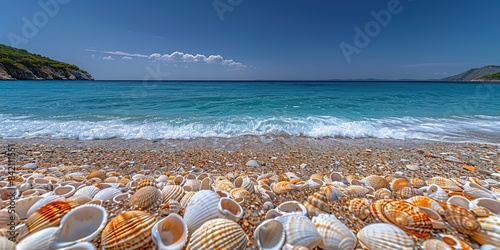 Obraz na płótnie Sea water, sand and sea shells as background. Summer beach. Summer background w salonie