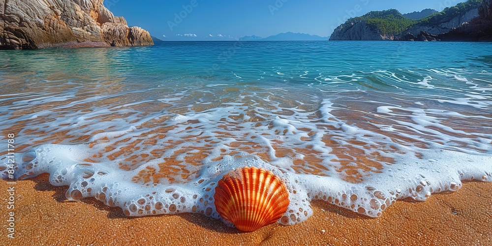 Sea water, sand and sea shells as background. Summer beach. Summer background