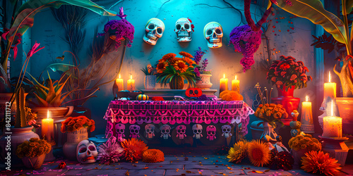 Altar de dia de muertos con luces velas y calaveras temáticos mexicanos con colores neon azul y rosa  photo