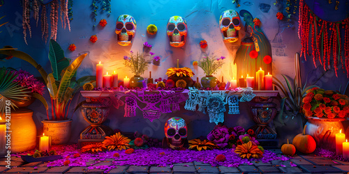 Altar con ofrendas de día de muertos fantástica con luces neon  photo