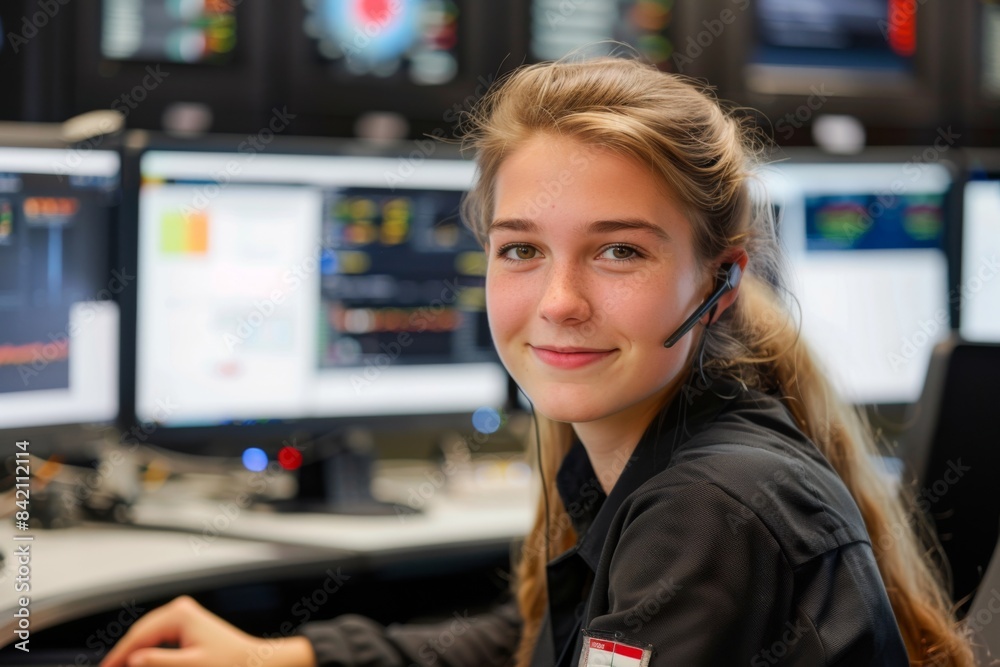 A young female customer service representative with a headset, smiling and working at her desk in a modern office environment. A young female customer service representative with a headset, smiling and working at her desk in a modern office environment.