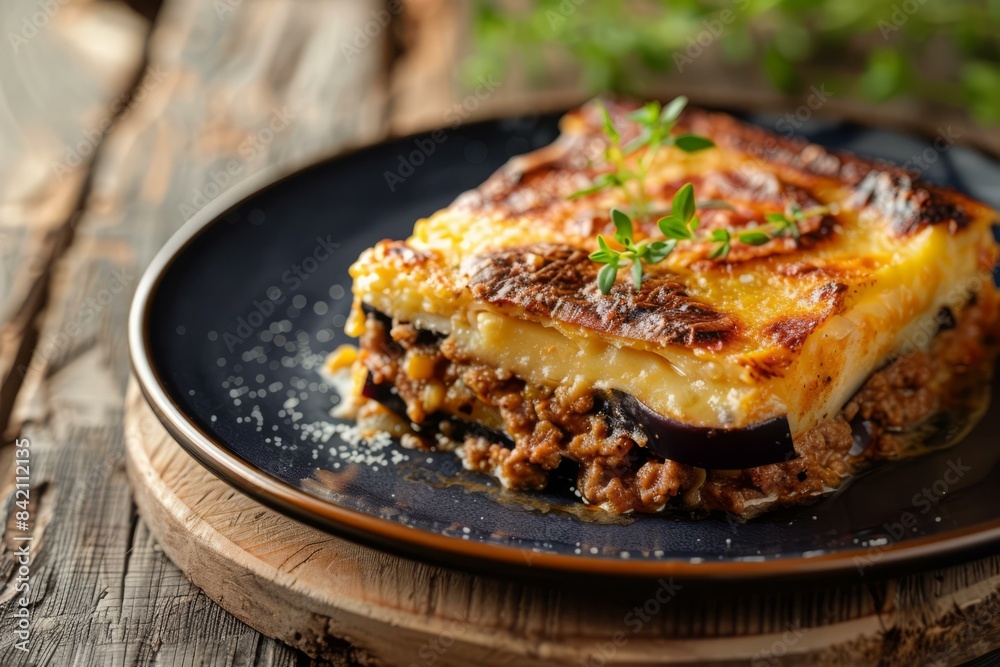Delicious Homemade Moussaka on Rustic Wooden Table, Greek Cuisine