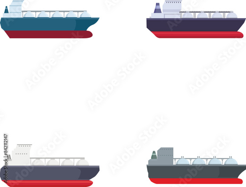 Illustration of four different styles of cargo ships, isolated on a white background